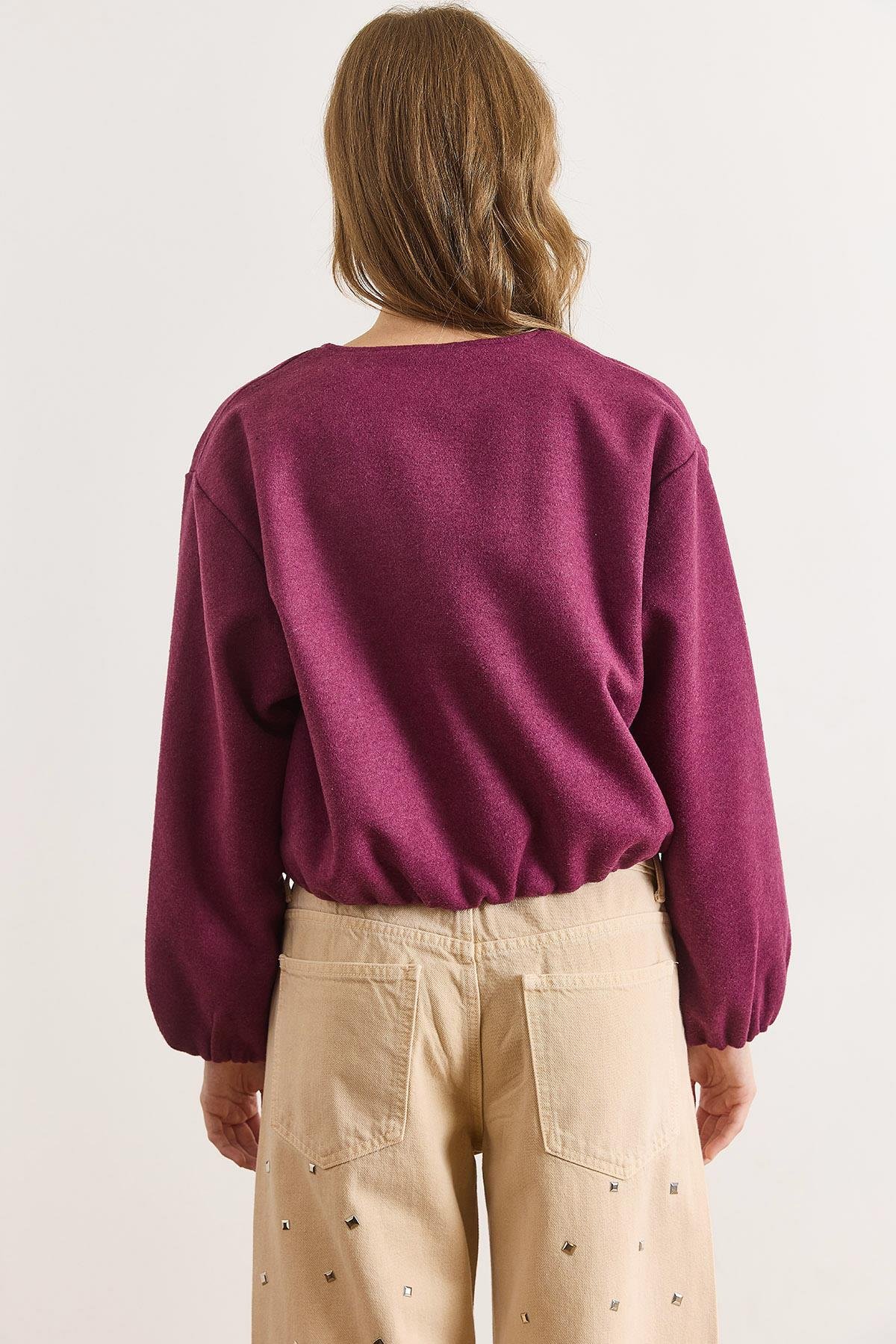 Cepli Astarlı Bisiklet Yaka Crop Kaşe Ceket Mor