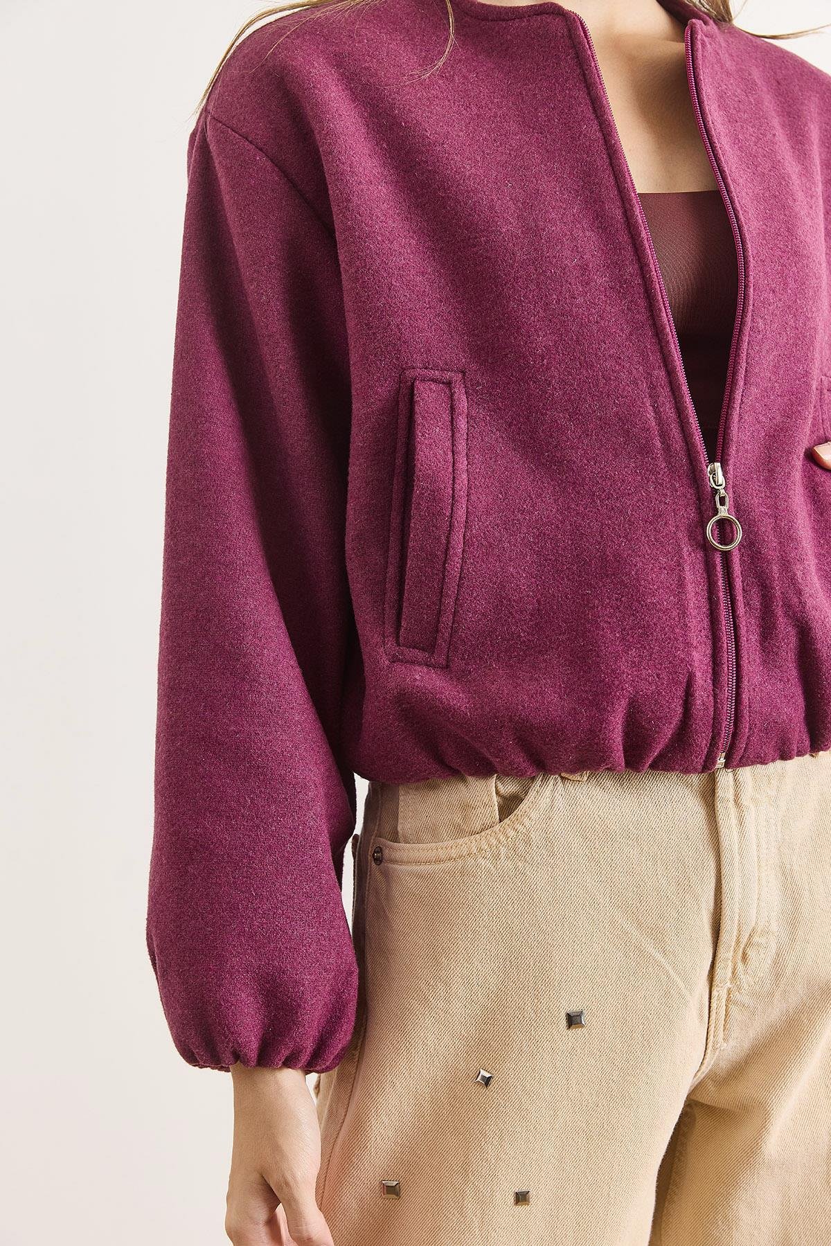 Cepli Astarlı Bisiklet Yaka Crop Kaşe Ceket Mor