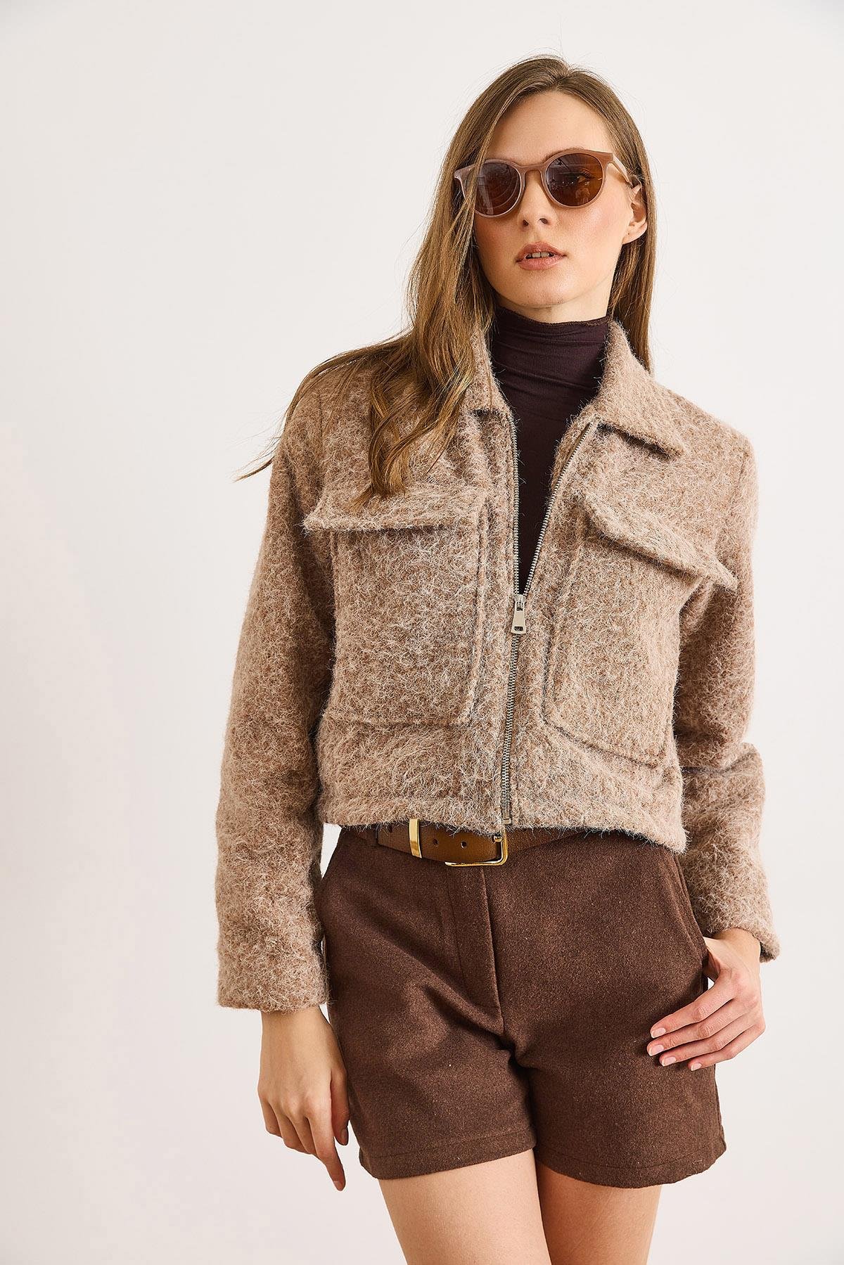 Cepli Astarlı Şardonlu Kaşe Ceket Camel