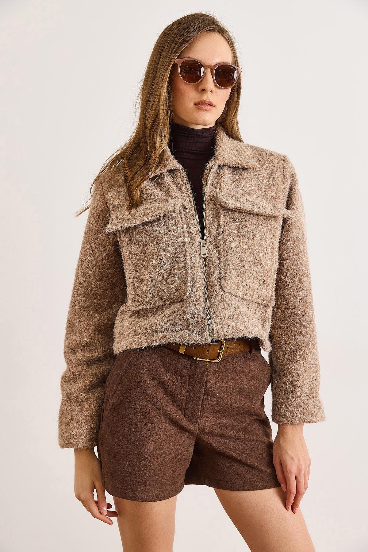 Cepli Astarlı Şardonlu Kaşe Ceket Camel