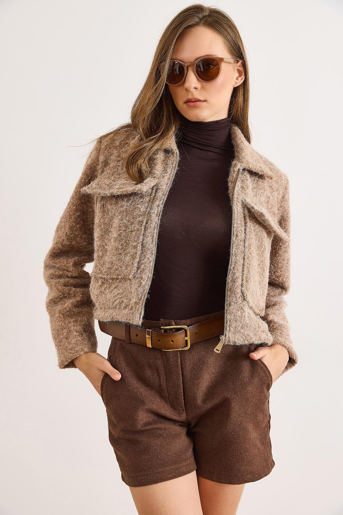 Cepli Astarlı Şardonlu Kaşe Ceket Camel