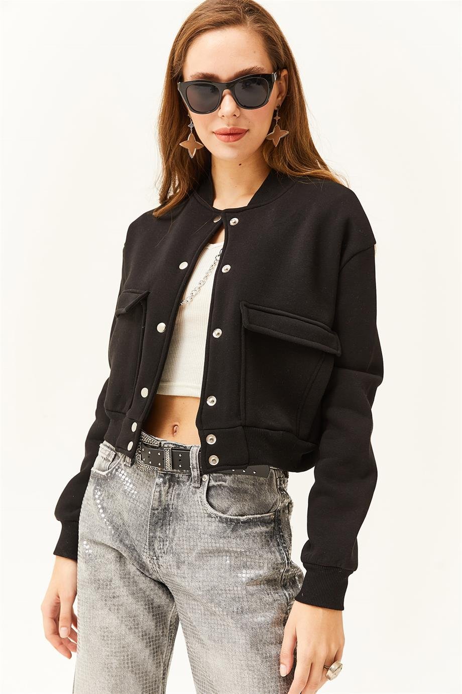 Cepli Çıtçıt Kapama İçi Polarlı Crop Ceket Siyah