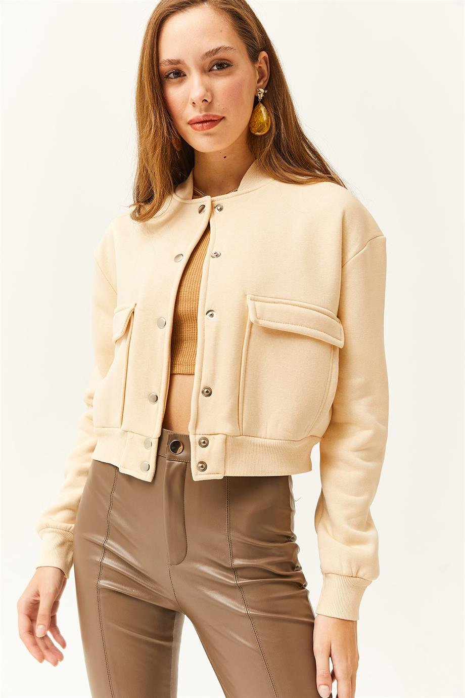 Cepli Çıtçıt Kapama İçi Polarlı Crop Ceket Bej