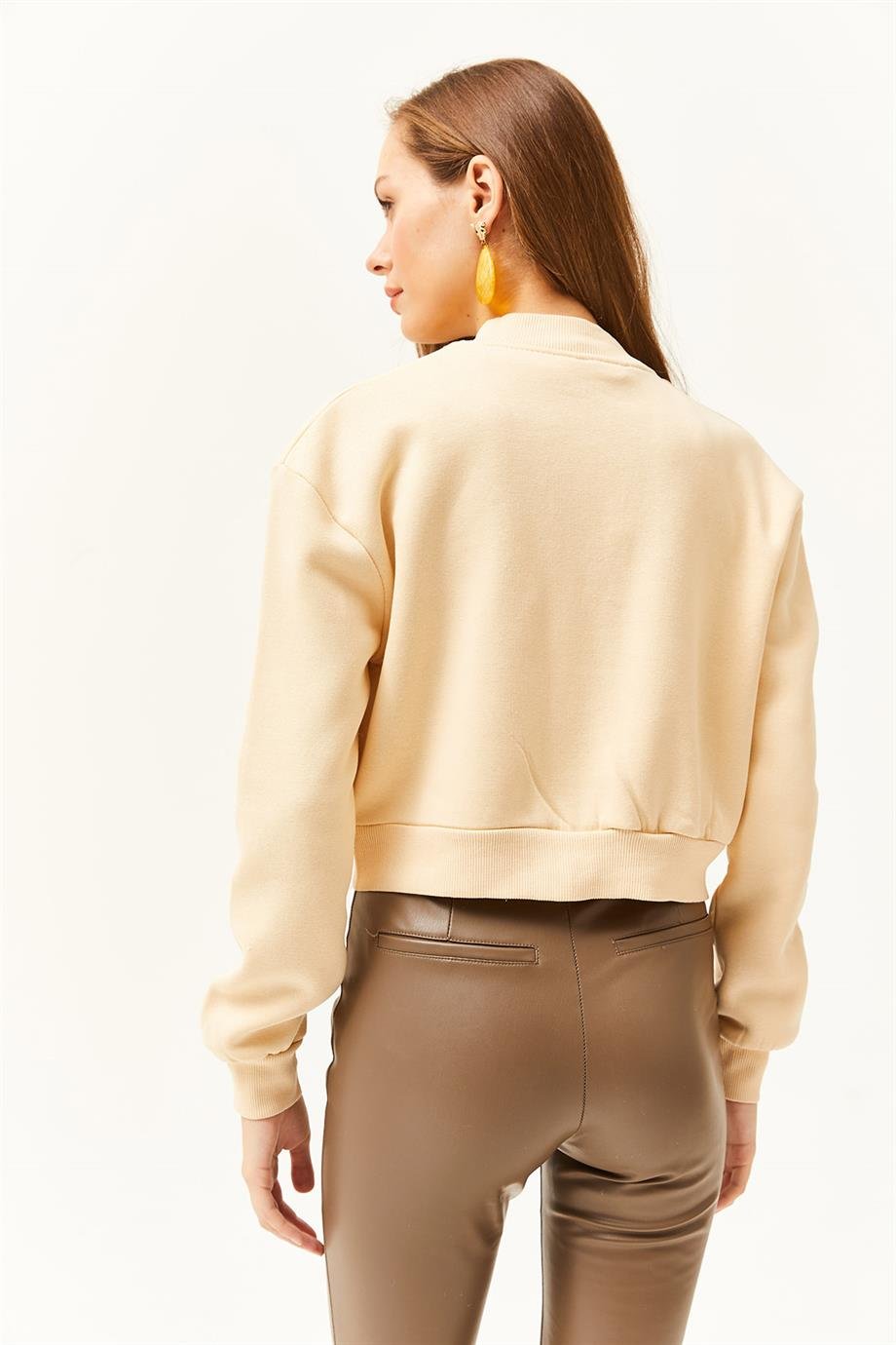 Cepli Çıtçıt Kapama İçi Polarlı Crop Ceket Bej