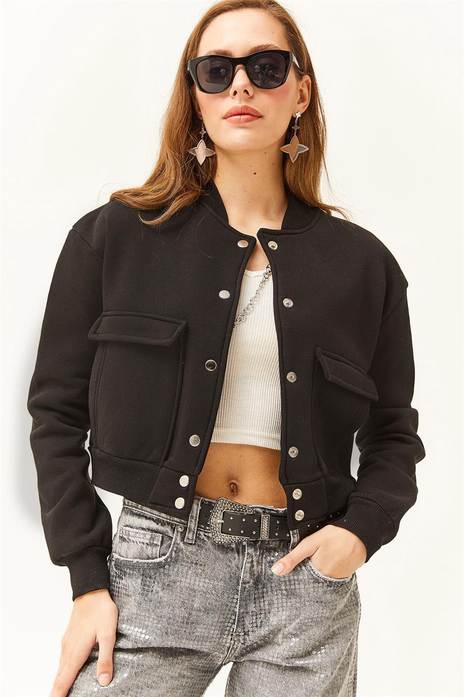 Cepli Çıtçıt Kapama İçi Polarlı Crop Ceket Siyah
