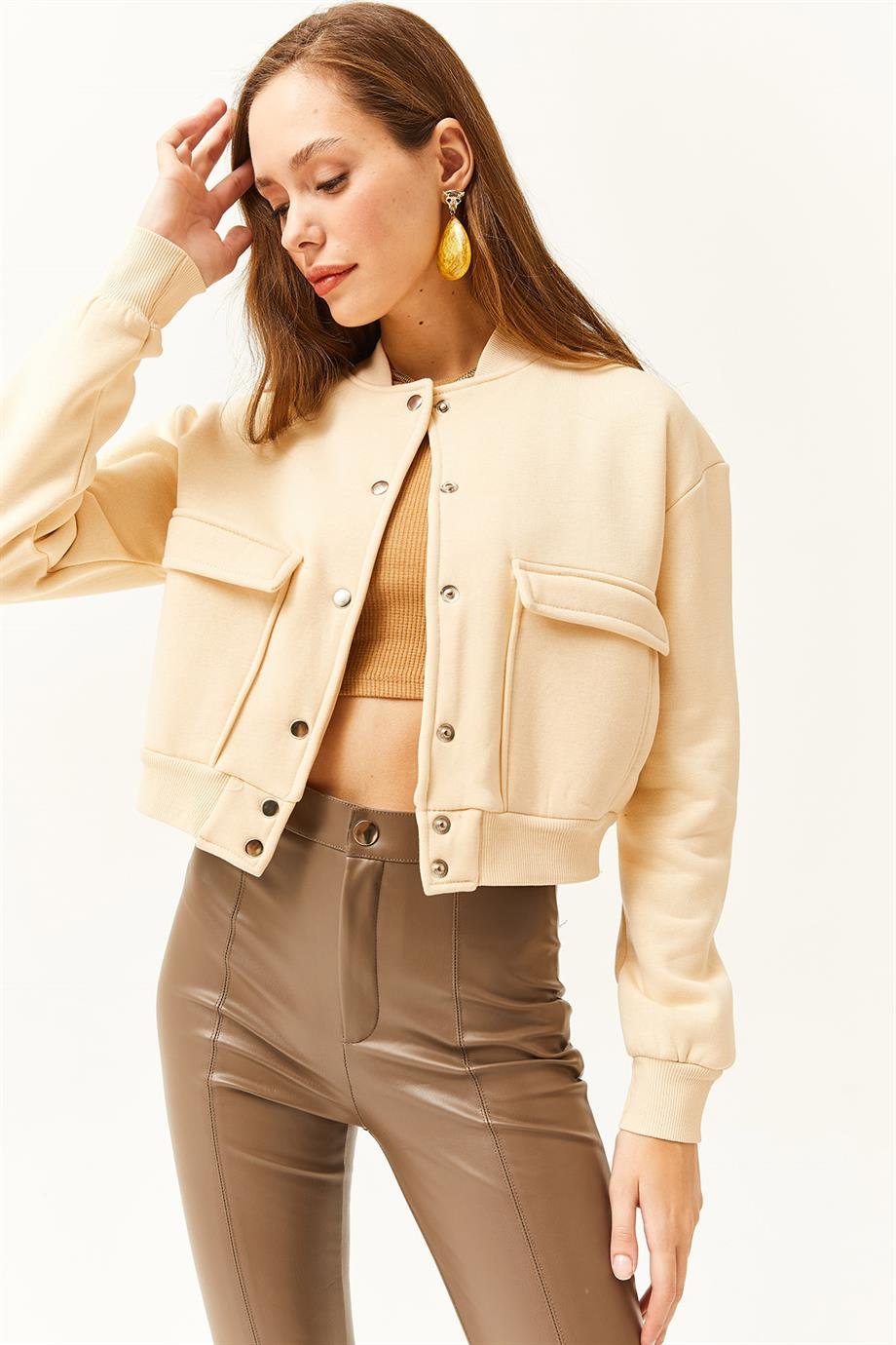 Cepli Çıtçıt Kapama İçi Polarlı Crop Ceket Bej