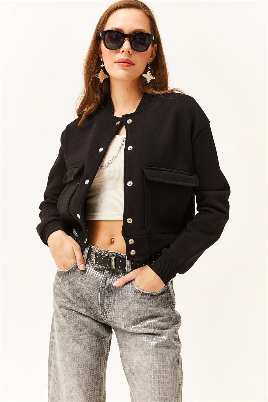Cepli Çıtçıt Kapama İçi Polarlı Crop Ceket Siyah