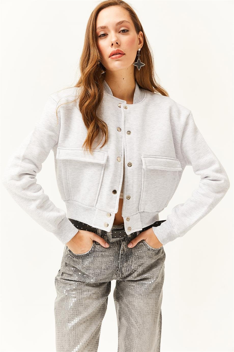 Cepli Çıtçıt Kapama İçi Polarlı Crop Ceket Gri