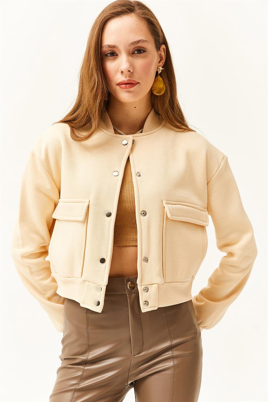 Cepli Çıtçıt Kapama İçi Polarlı Crop Ceket Bej