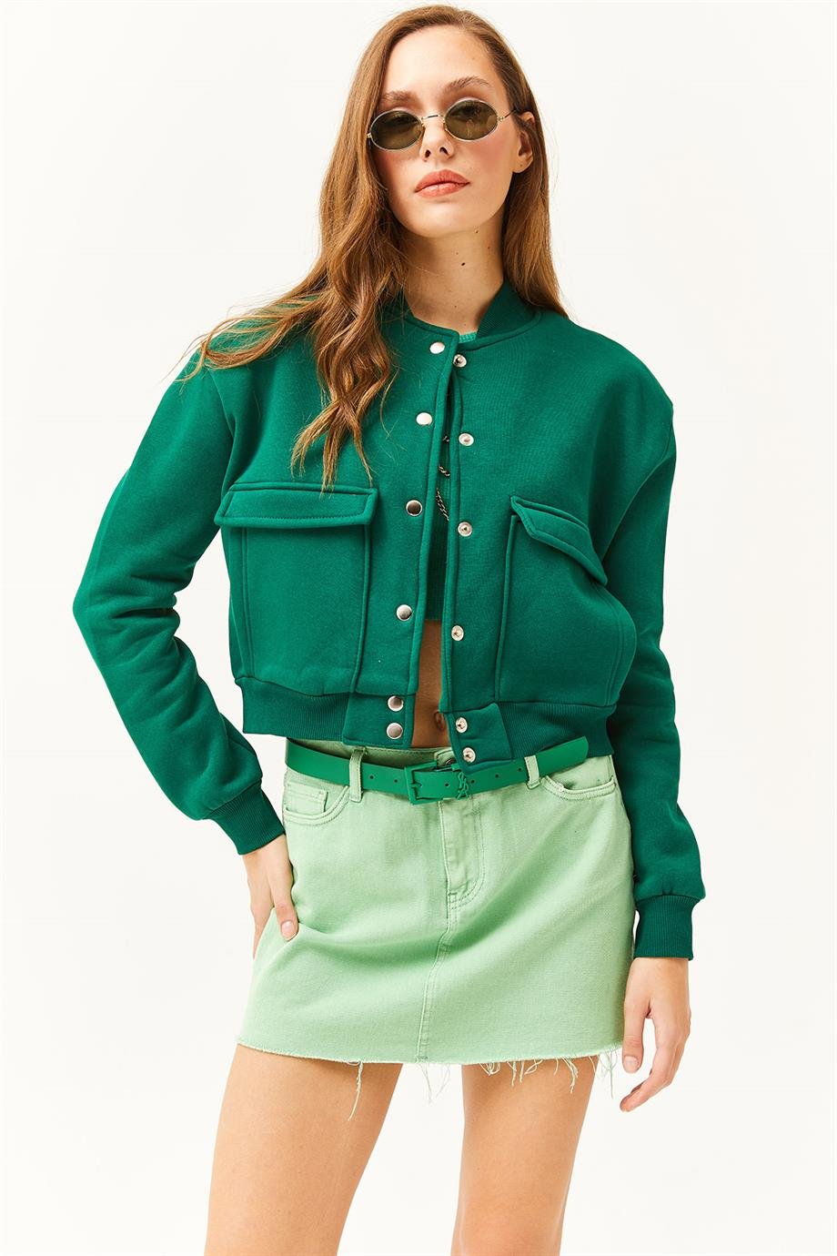 Cepli Çıtçıt Kapama İçi Polarlı Crop Ceket Zümrüt Yeşili