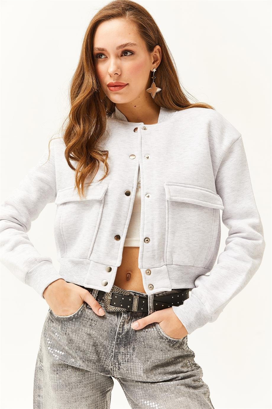 Cepli Çıtçıt Kapama İçi Polarlı Crop Ceket Gri