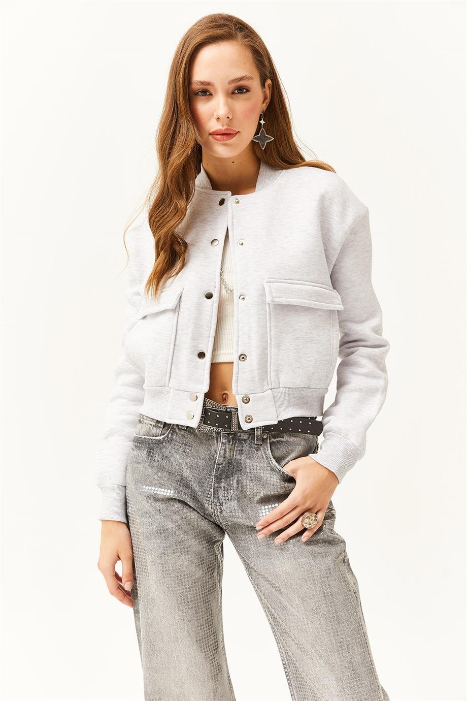 Cepli Çıtçıt Kapama İçi Polarlı Crop Ceket Gri