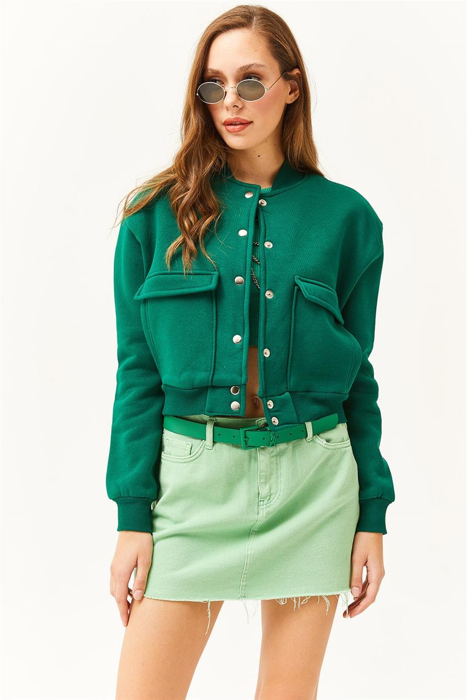 Cepli Çıtçıt Kapama İçi Polarlı Crop Ceket Zümrüt Yeşili