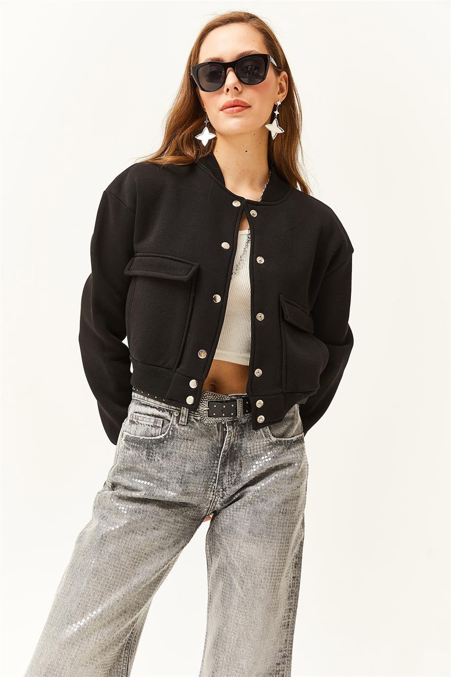 Cepli Çıtçıt Kapama İçi Polarlı Crop Ceket Siyah