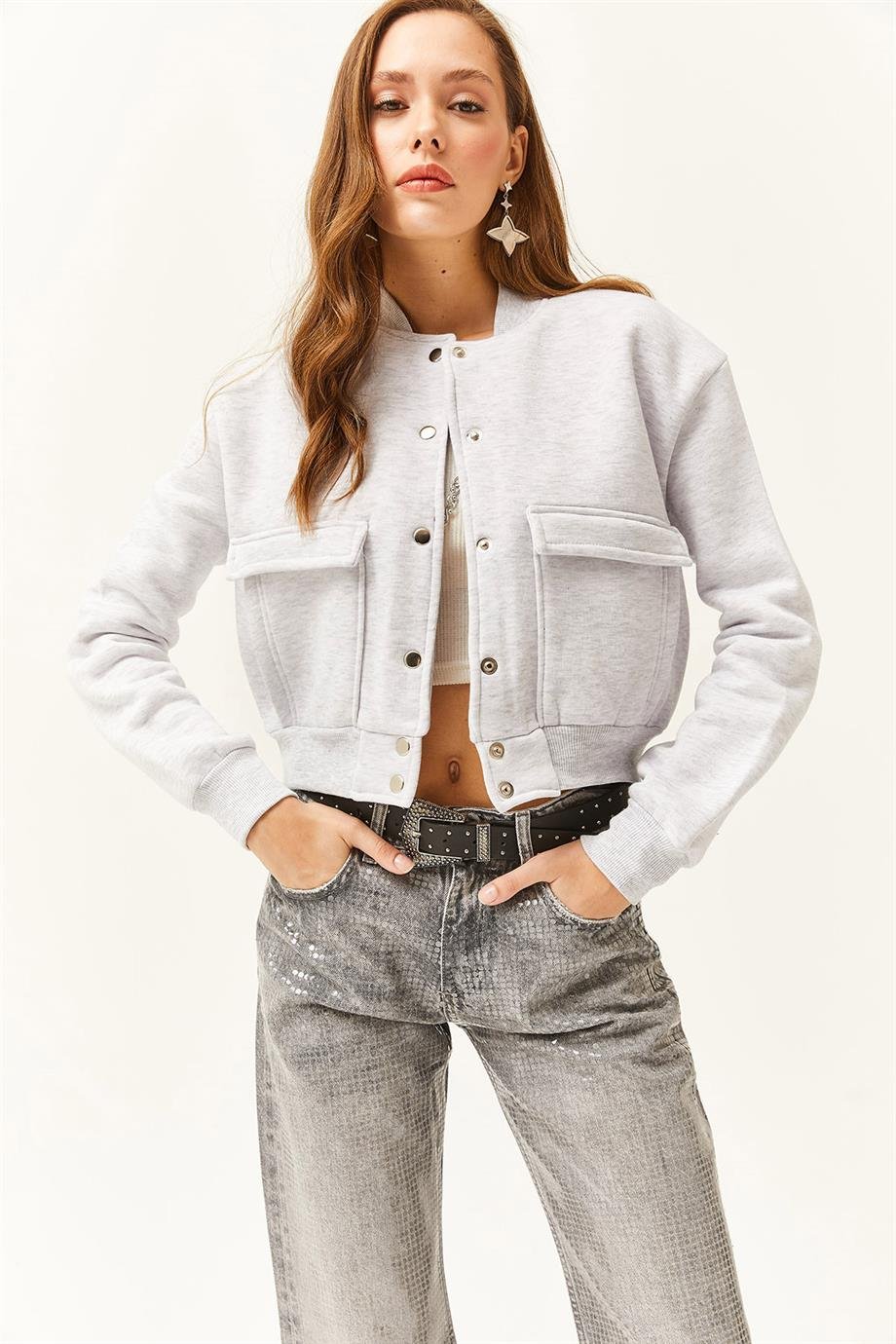 Cepli Çıtçıt Kapama İçi Polarlı Crop Ceket Gri