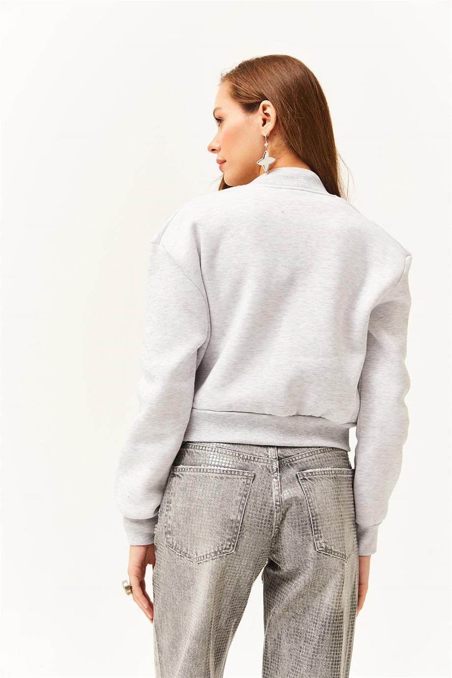 Cepli Çıtçıt Kapama İçi Polarlı Crop Ceket Gri