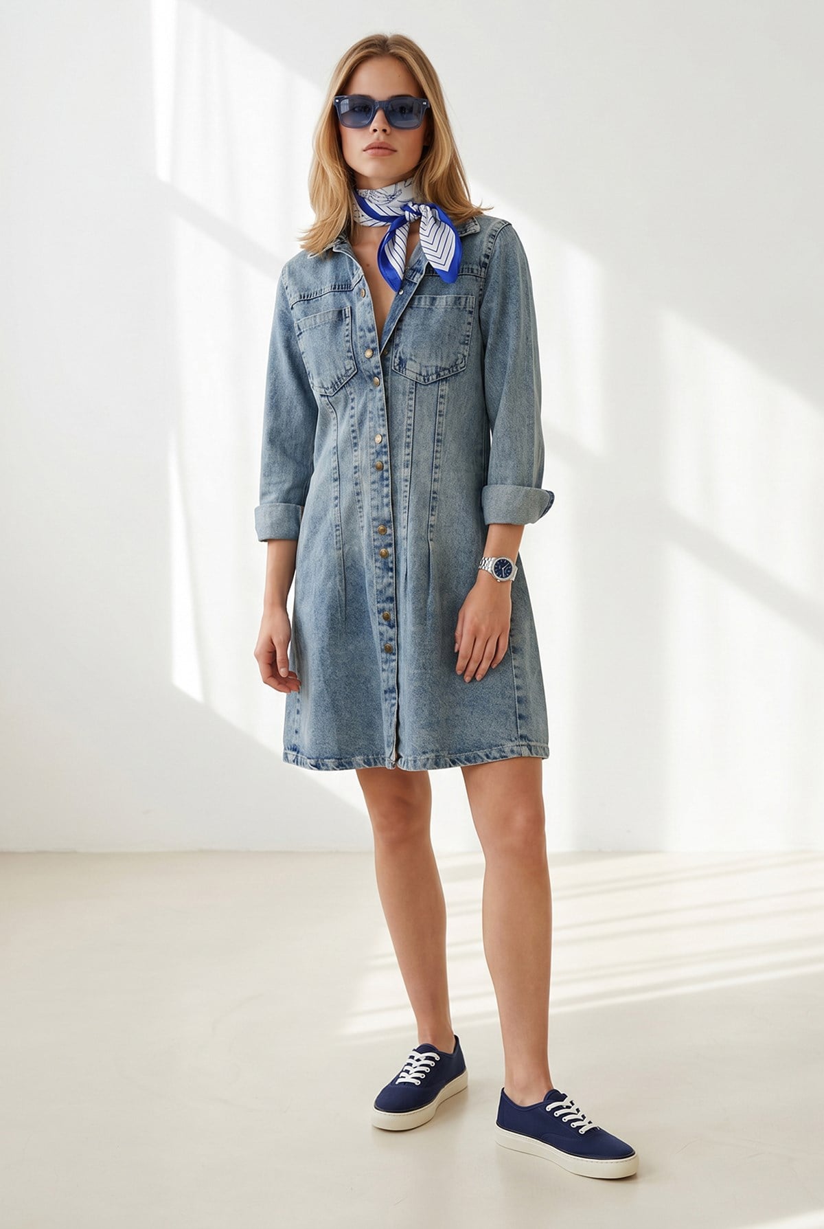 Cepli Çıtçıt Kapama Mini Denim Elbise Mavi