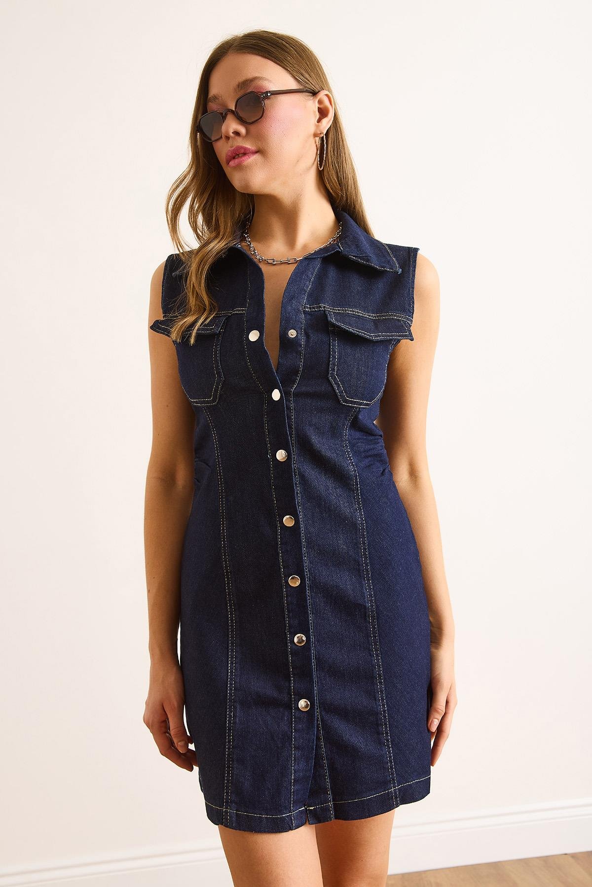 Cepli Çıtçıtlı Mini Denim Elbise Lacivert