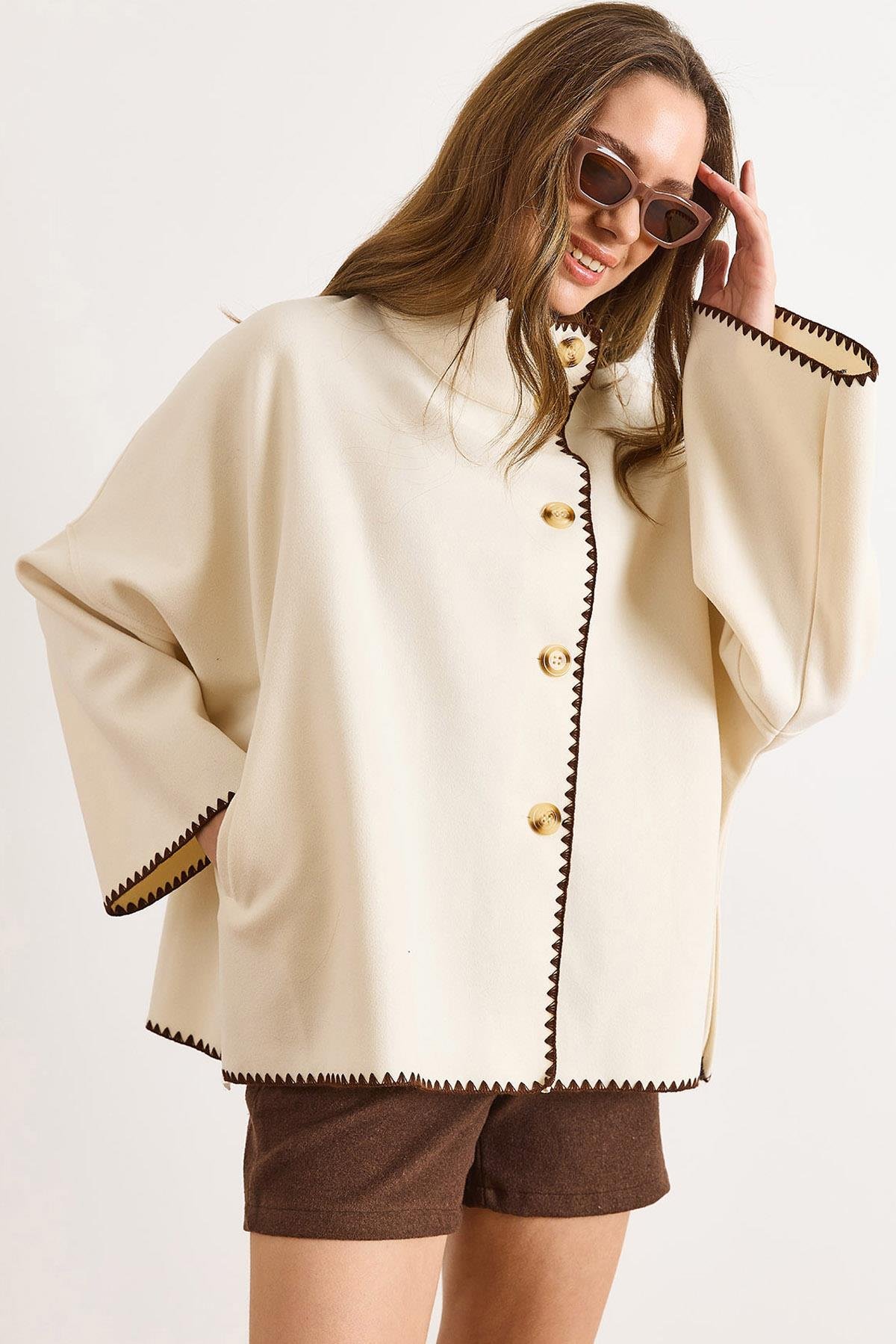 Cepli Çoban Dikişli Astarsız Oversize Kaşe Ceket Ekru