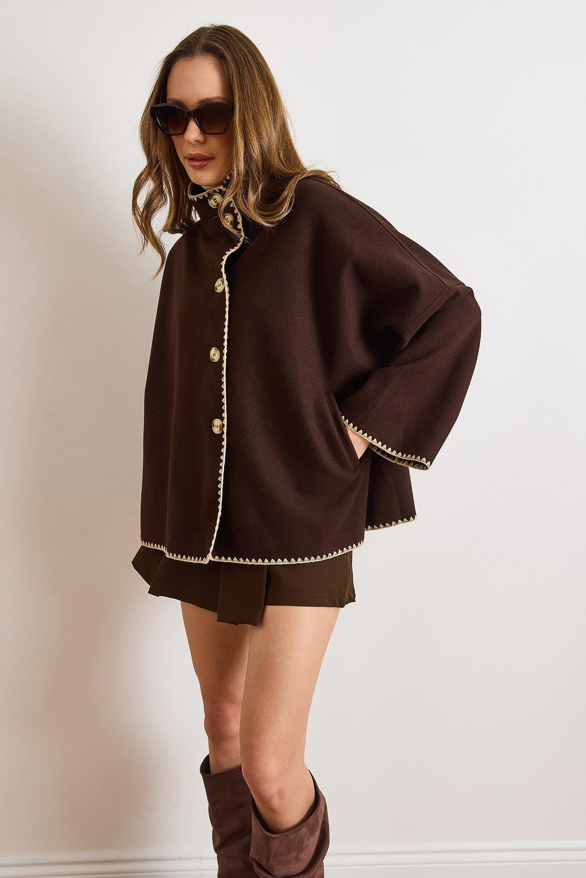 Cepli Çoban Dikişli Astarsız Oversize Kaşe Ceket Kahverengi