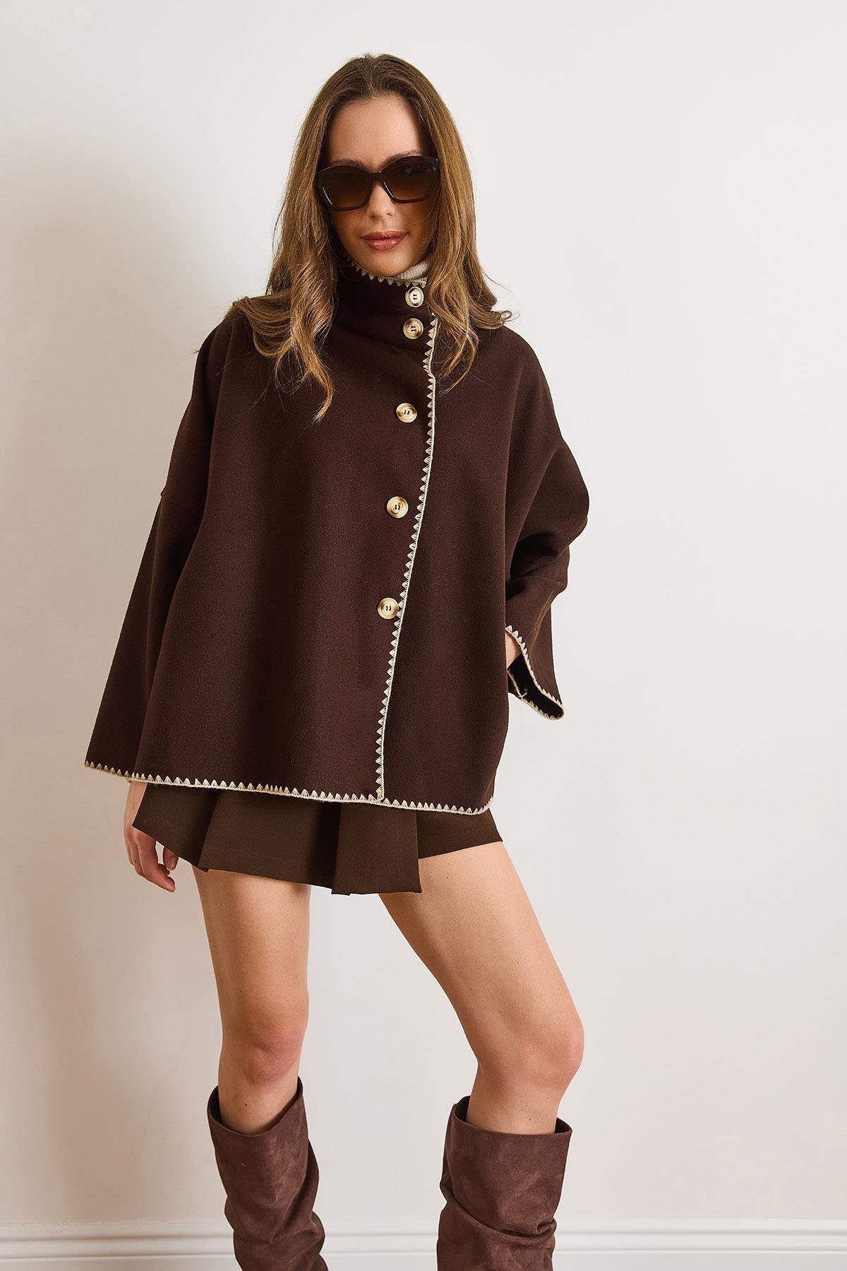Cepli Çoban Dikişli Astarsız Oversize Kaşe Ceket Kahverengi