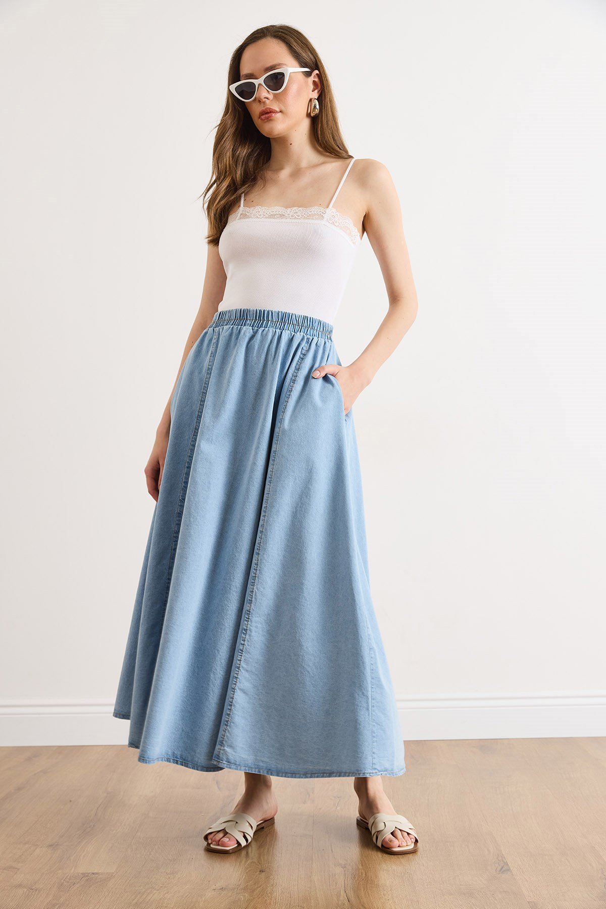 Cepli Denim Maksi Çan Etek Açık Mavi