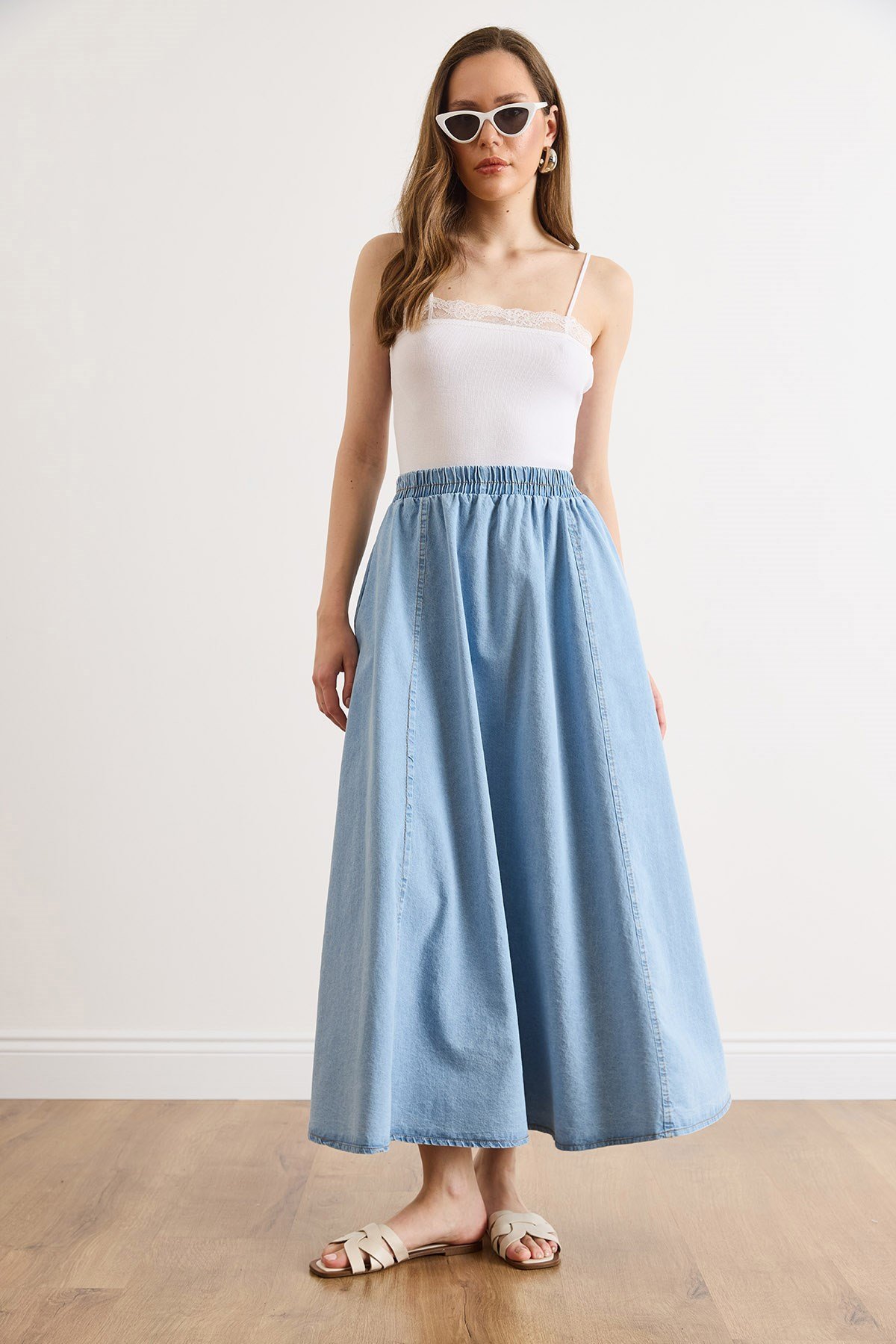 Cepli Denim Maksi Çan Etek Açık Mavi