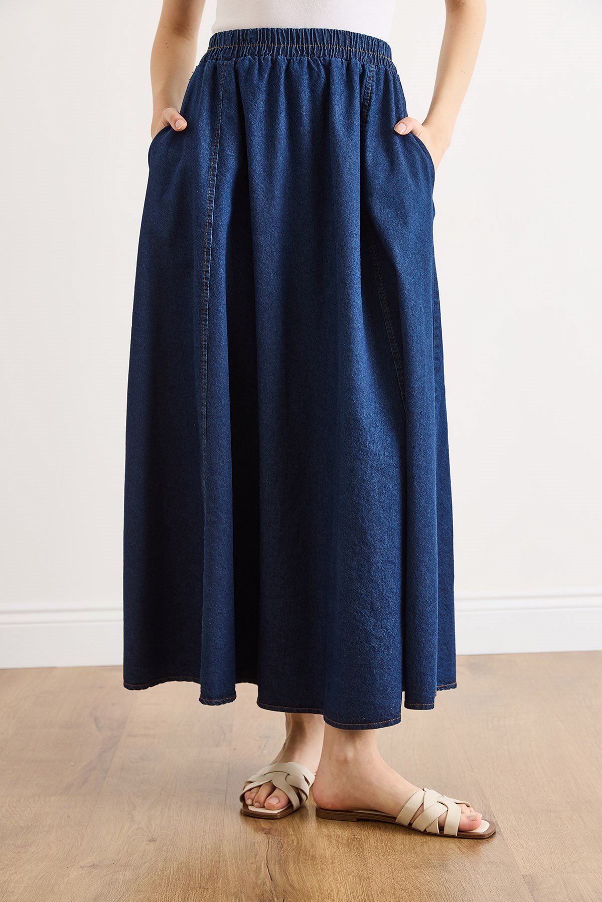 Cepli Denim Maksi Çan Etek Koyu Mavi