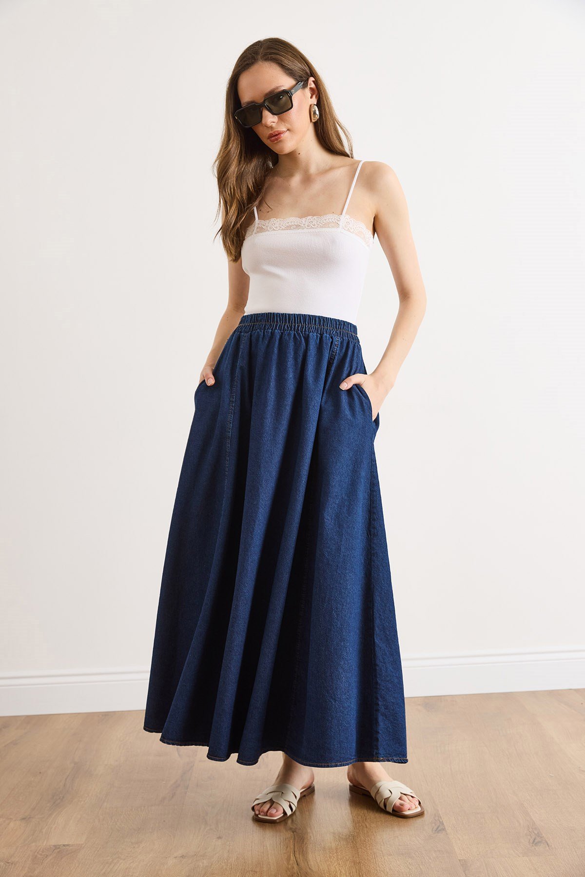 Cepli Denim Maksi Çan Etek Koyu Mavi