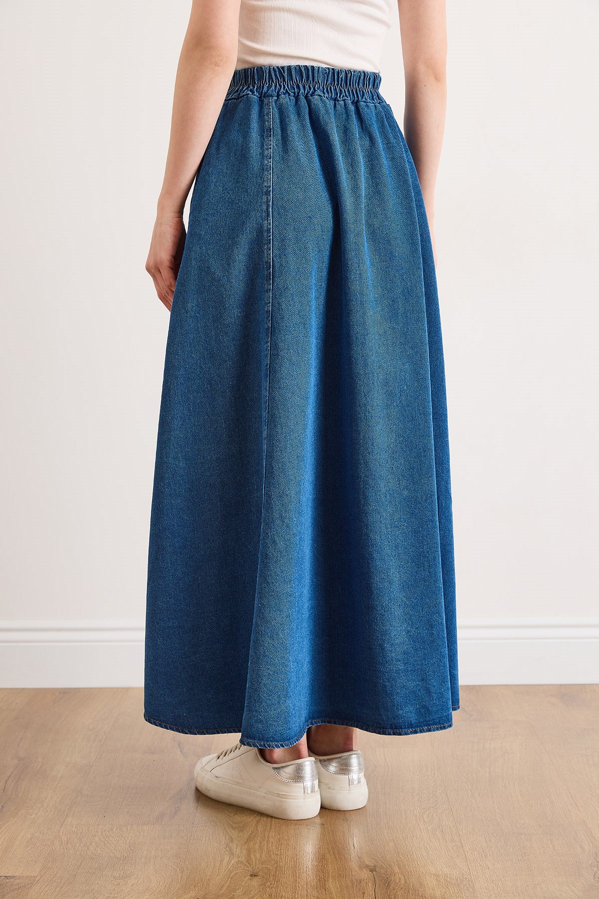 Cepli Denim Maksi Çan Etek Orta Mavi