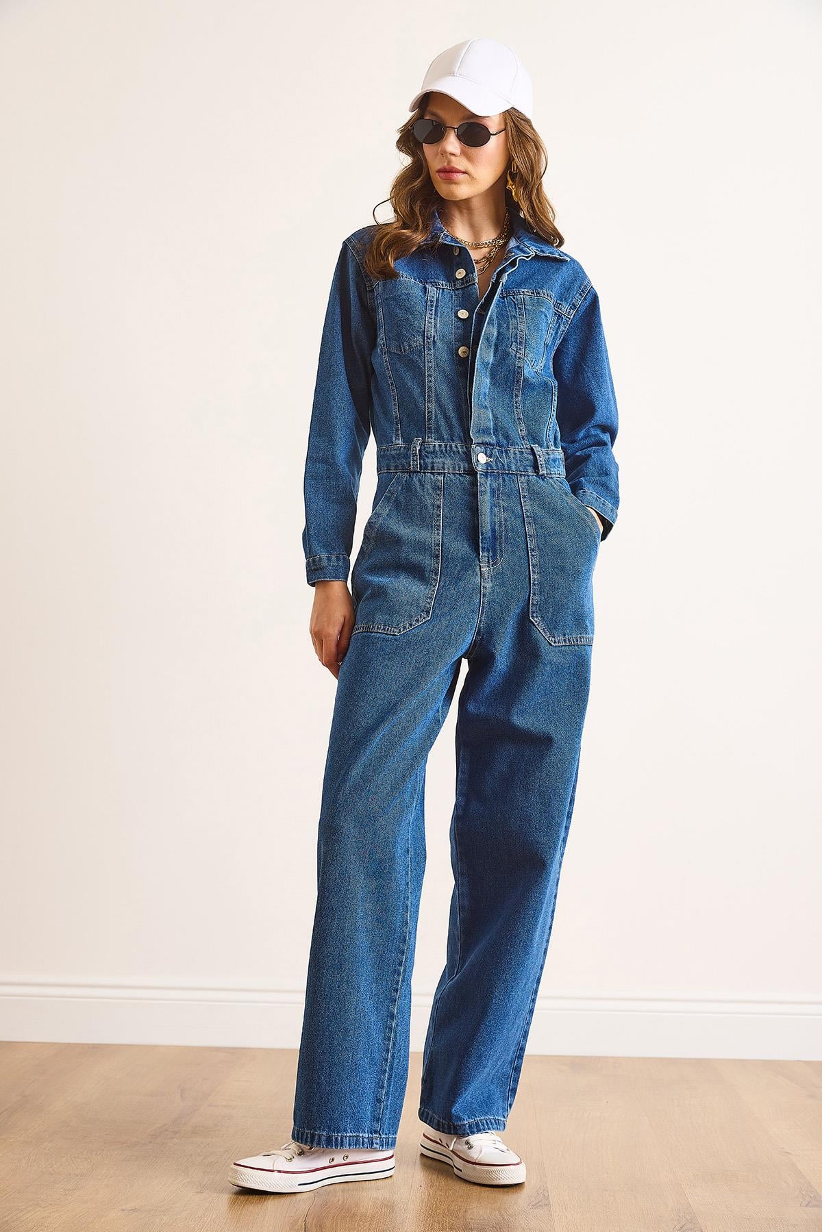 Cepli Denim Tulum Koyu Mavi