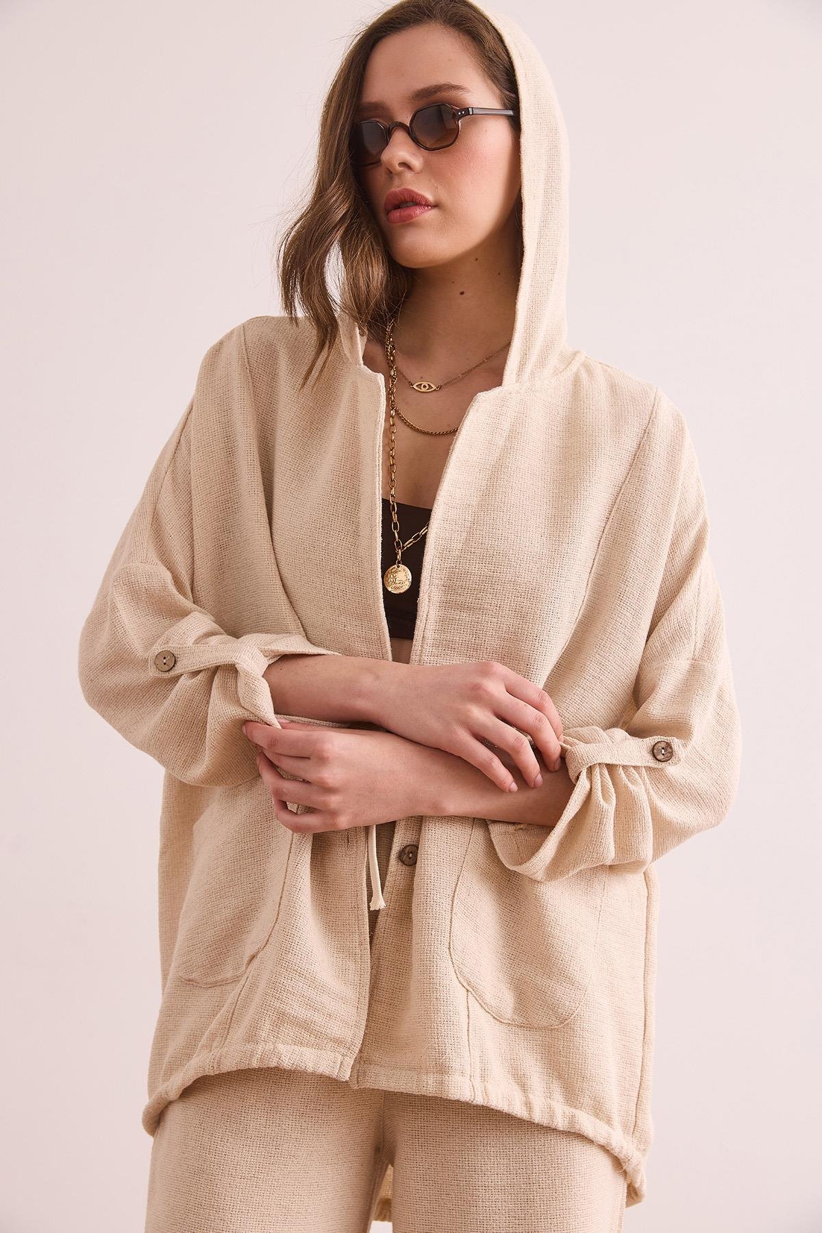 Cepli Düğmeli Kapüşonlu Salaş Etamin Yazlık Ceket Taş