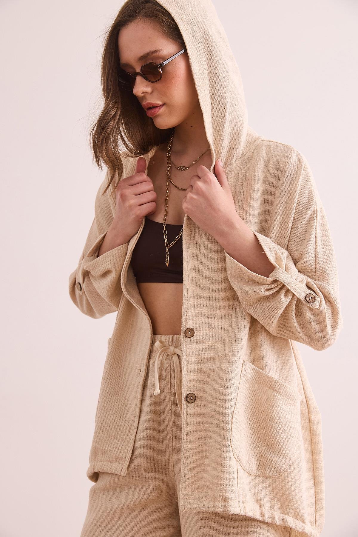 Cepli Düğmeli Kapüşonlu Salaş Etamin Yazlık Ceket Taş