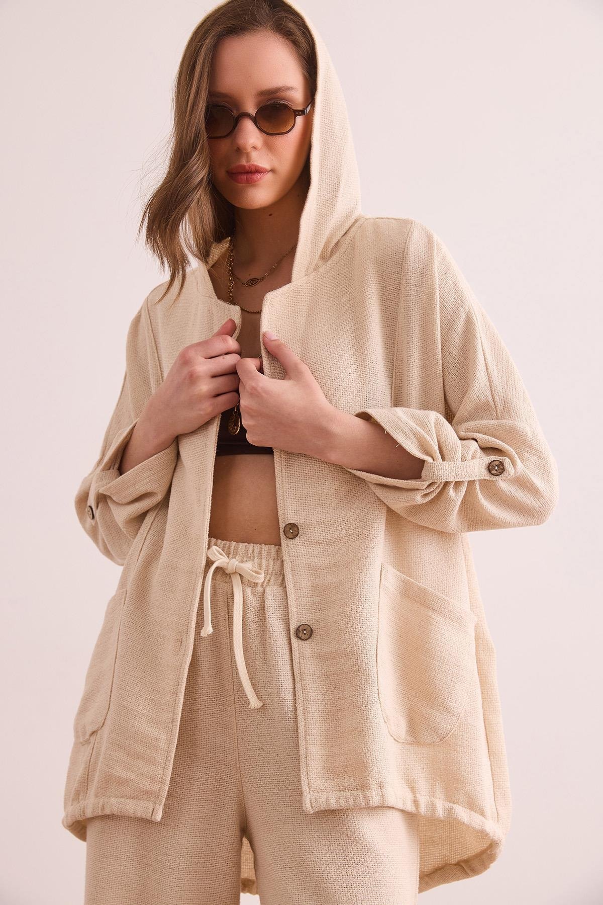 Cepli Düğmeli Kapüşonlu Salaş Etamin Yazlık Ceket Taş