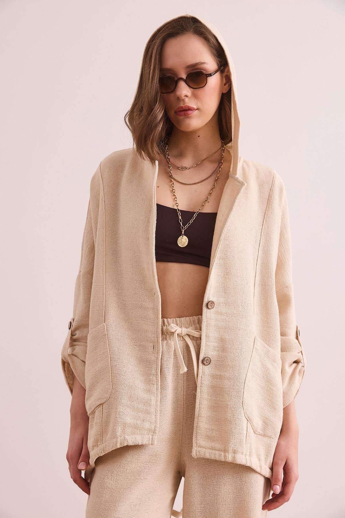 Cepli Düğmeli Kapüşonlu Salaş Etamin Yazlık Ceket Taş