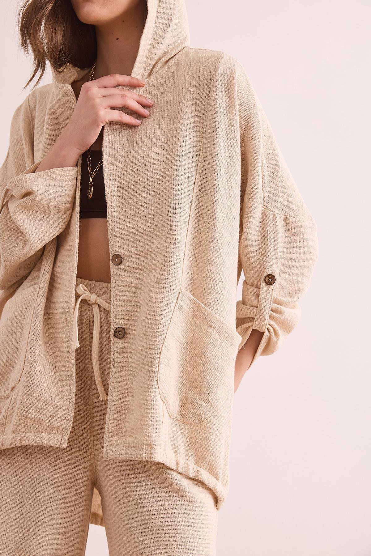 Cepli Düğmeli Kapüşonlu Salaş Etamin Yazlık Ceket Taş