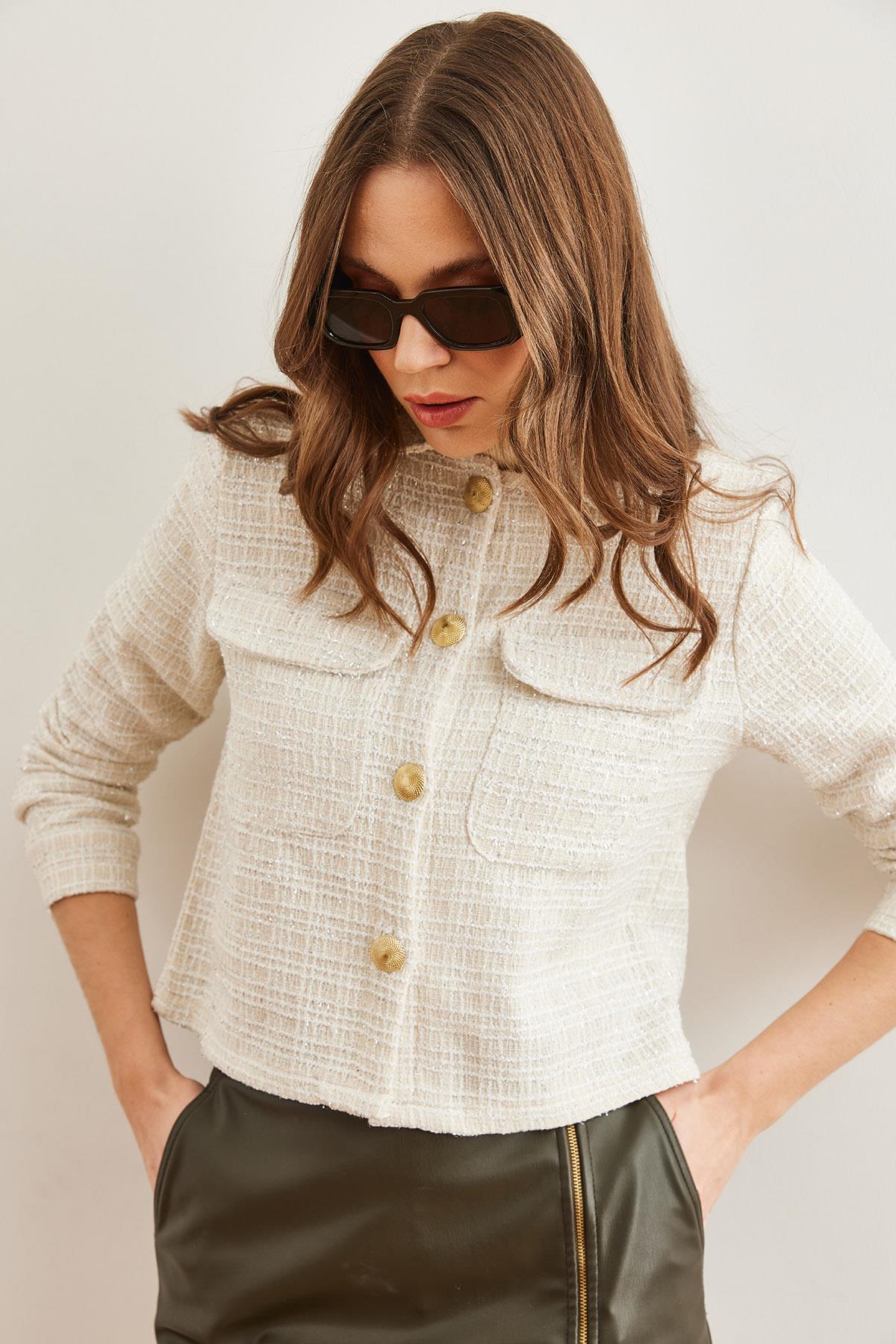 Cepli Düğmeli Sim Detaylı Tüvit Ceket Ekru