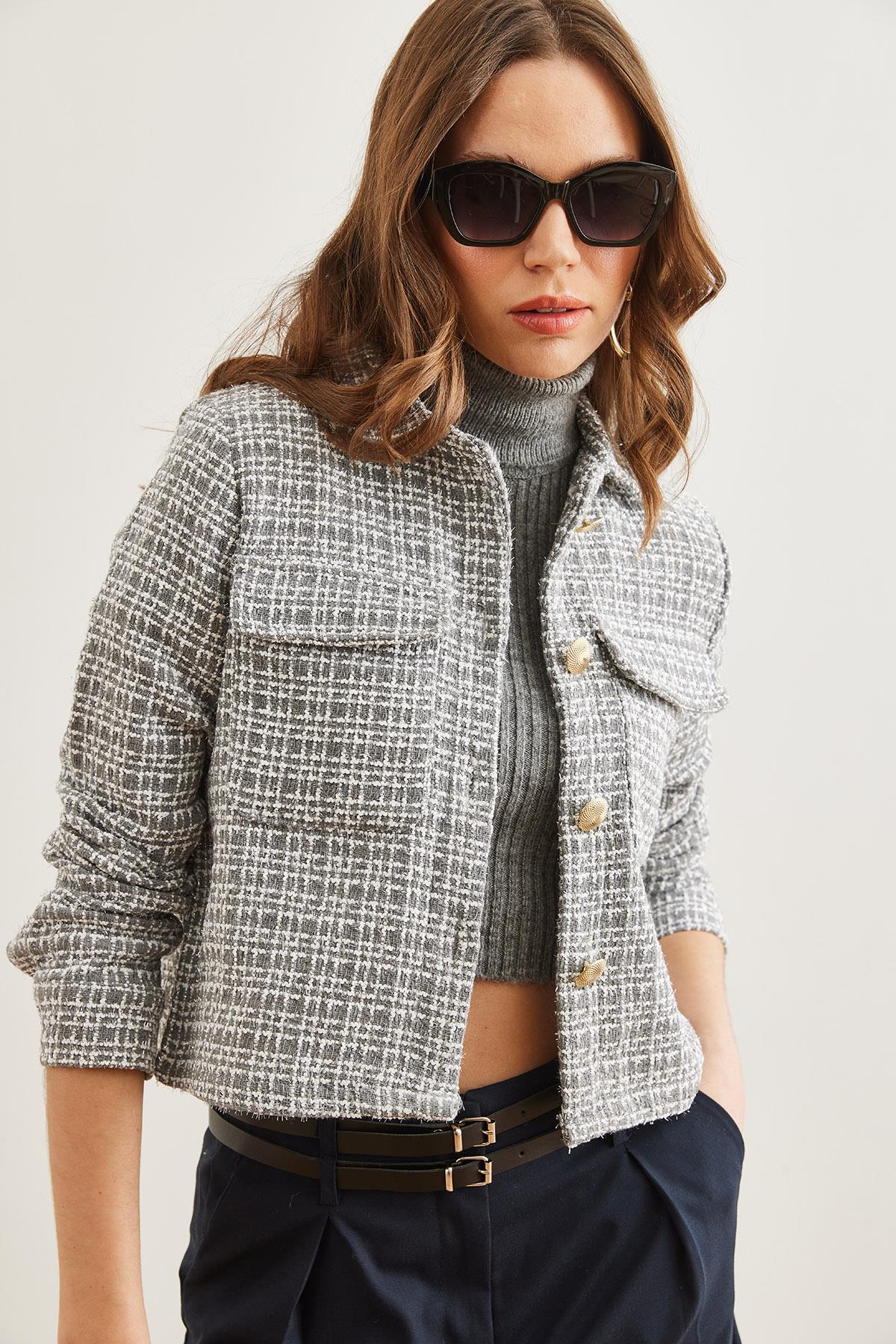 Cepli Düğmeli Sim Detaylı Tüvit Ceket Füme