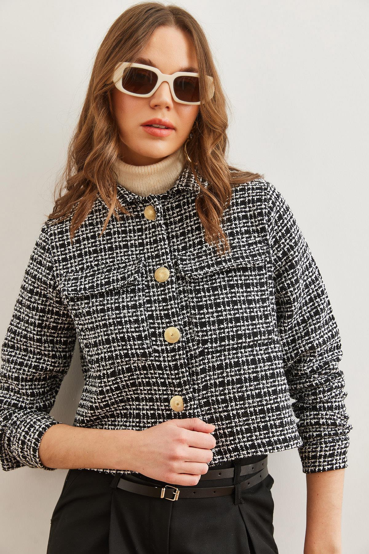 Cepli Düğmeli Sim Detaylı Tüvit Ceket Siyah