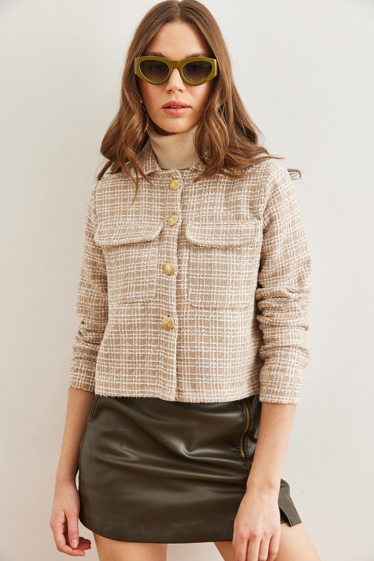 Cepli Düğmeli Sim Detaylı Tüvit Ceket Camel