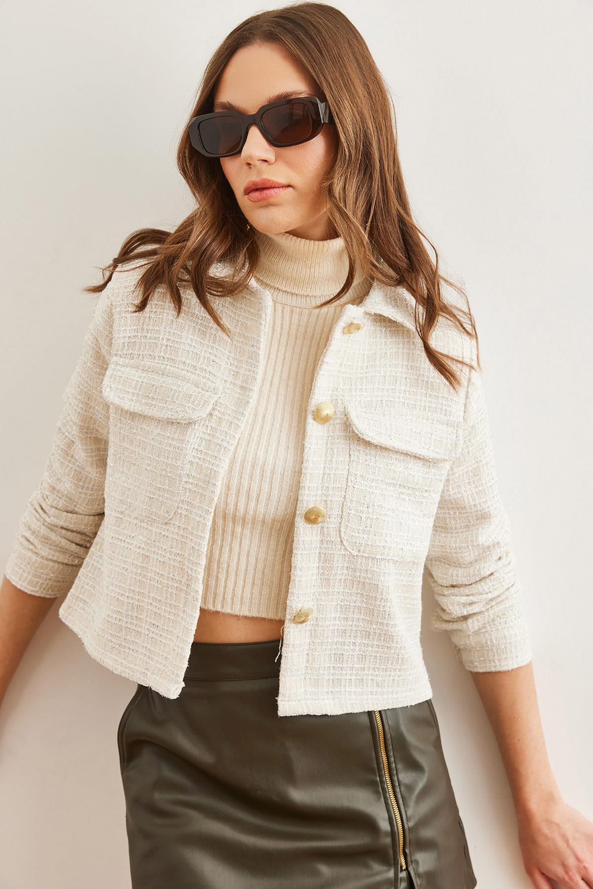 Cepli Düğmeli Sim Detaylı Tüvit Ceket Ekru