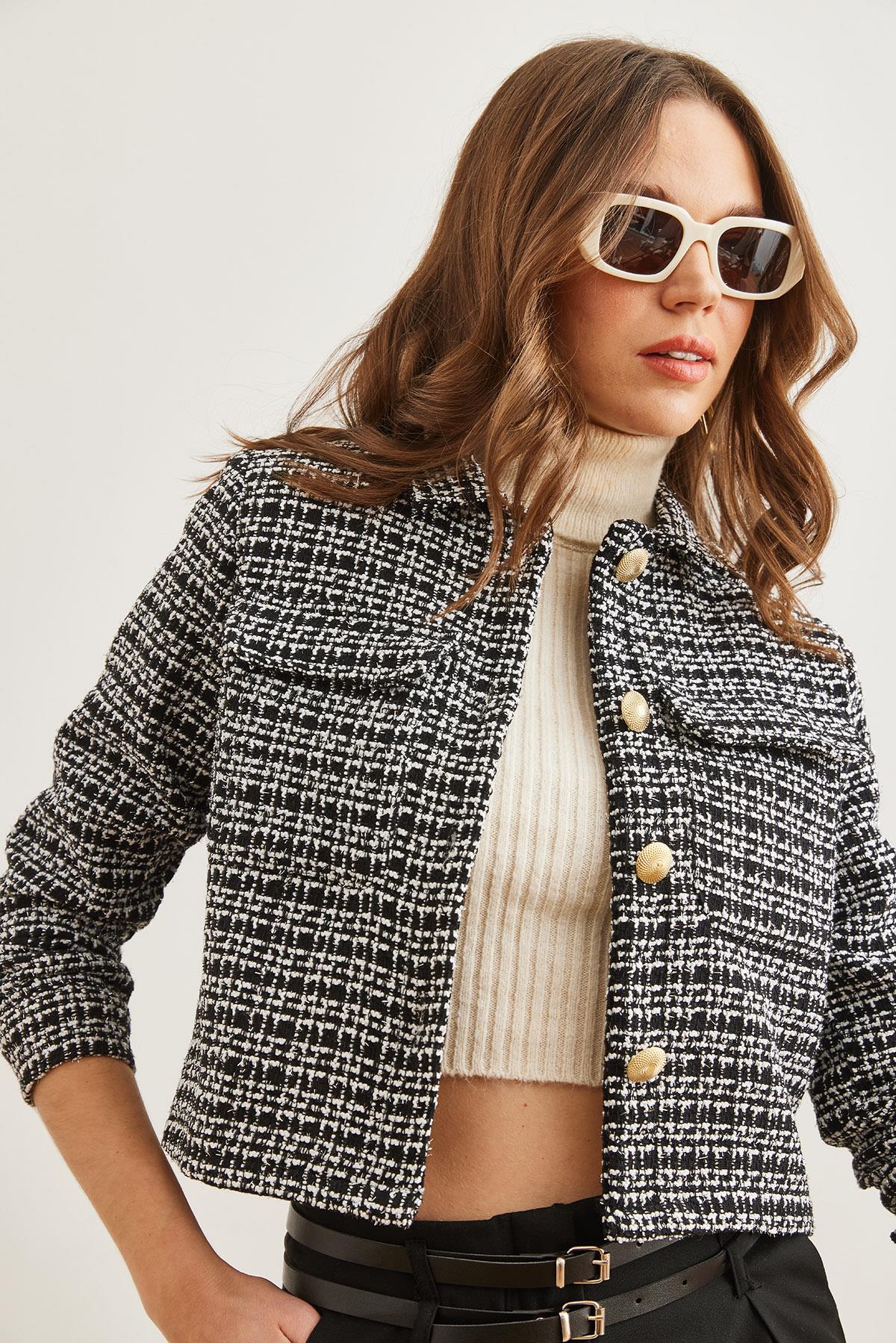 Cepli Düğmeli Sim Detaylı Tüvit Ceket Siyah