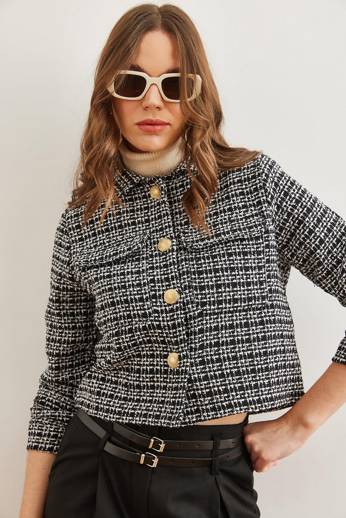 Cepli Düğmeli Sim Detaylı Tüvit Ceket Siyah