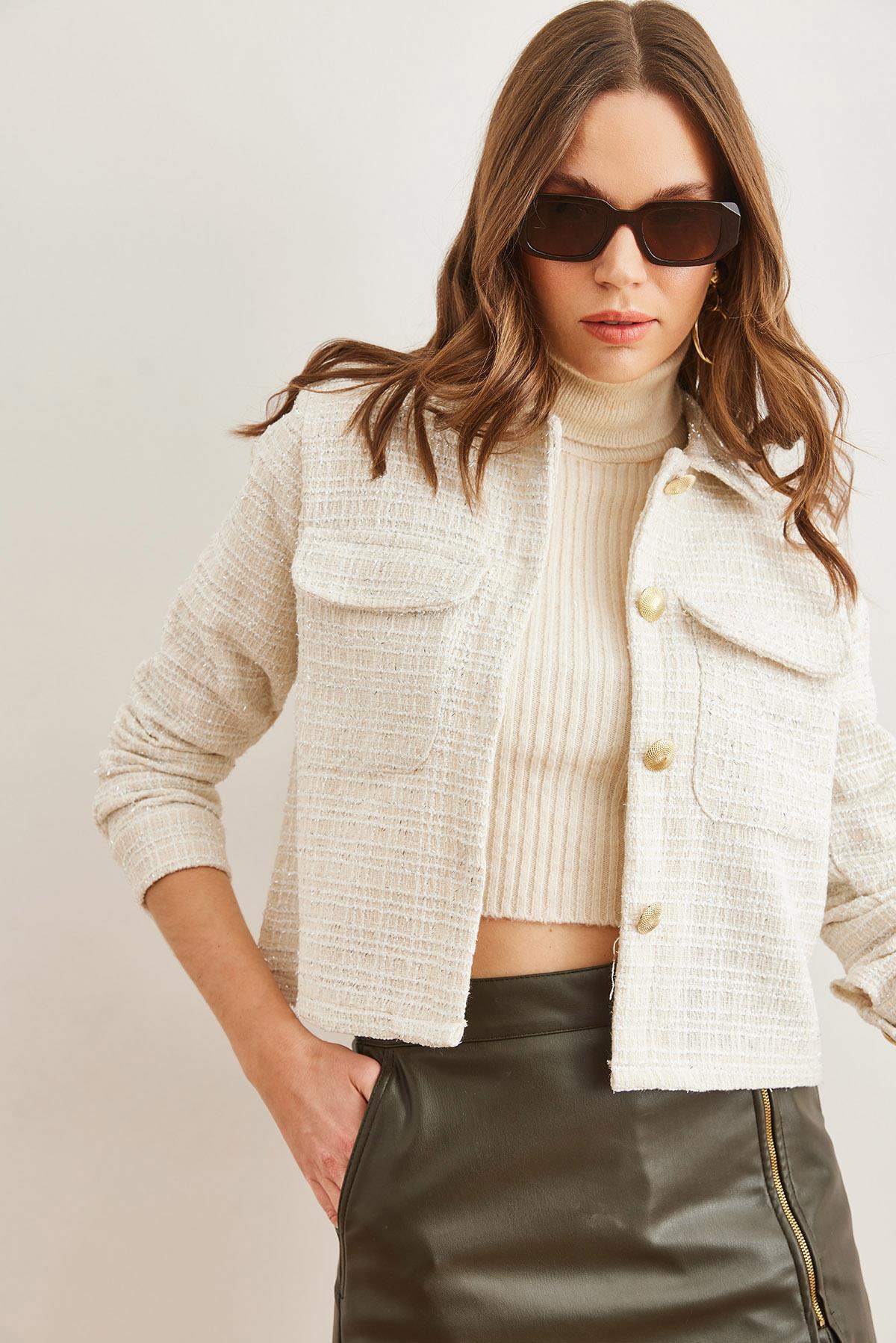 Cepli Düğmeli Sim Detaylı Tüvit Ceket Ekru