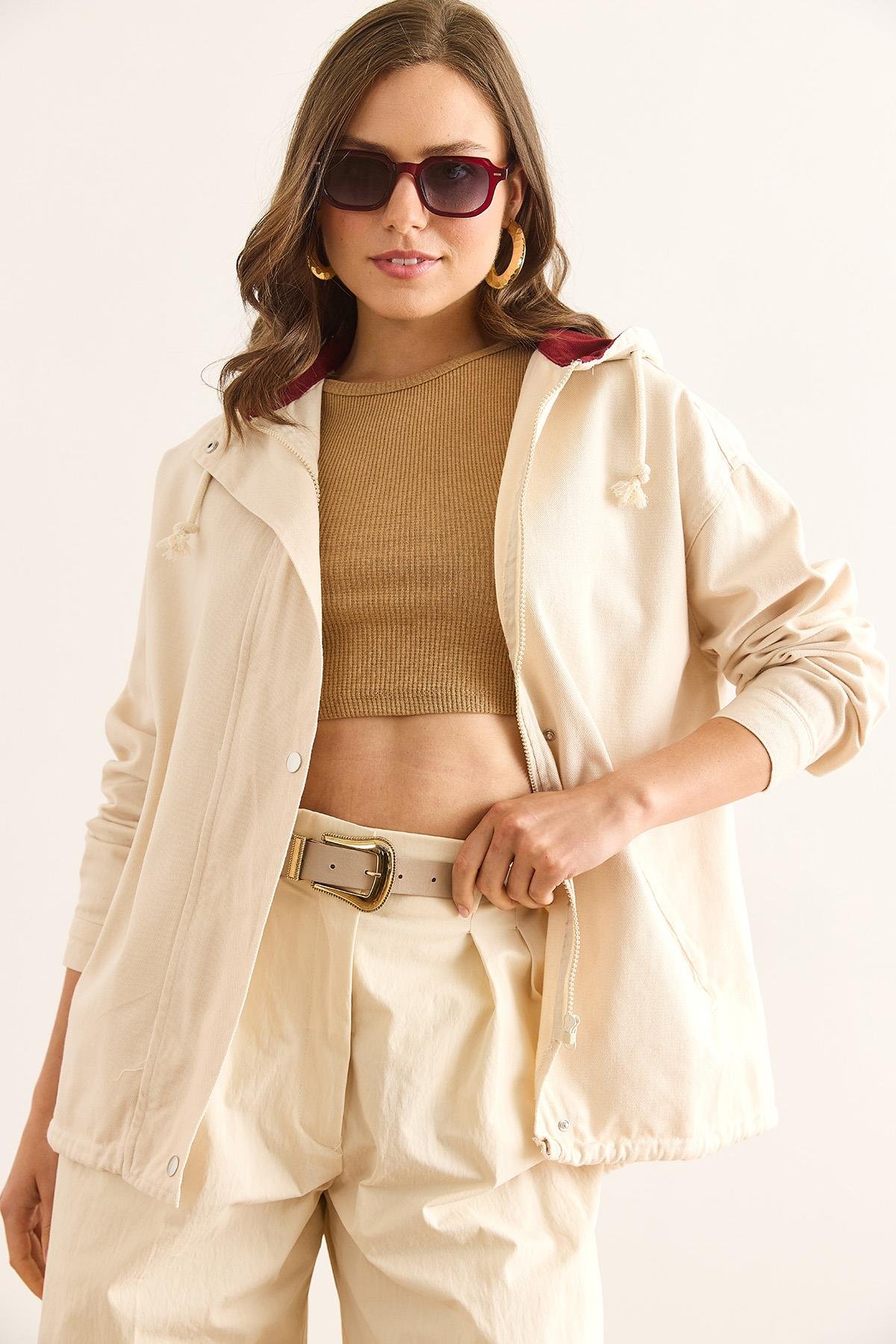 Cepli Fermuarlı Çıtçıt Detaylı Gabardin Ceket Taş Bordo