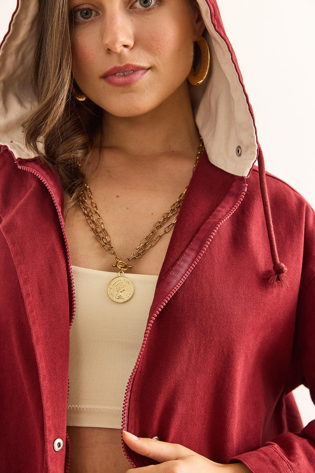 Cepli Fermuarlı Çıtçıt Detaylı Gabardin Ceket Bordo Taş