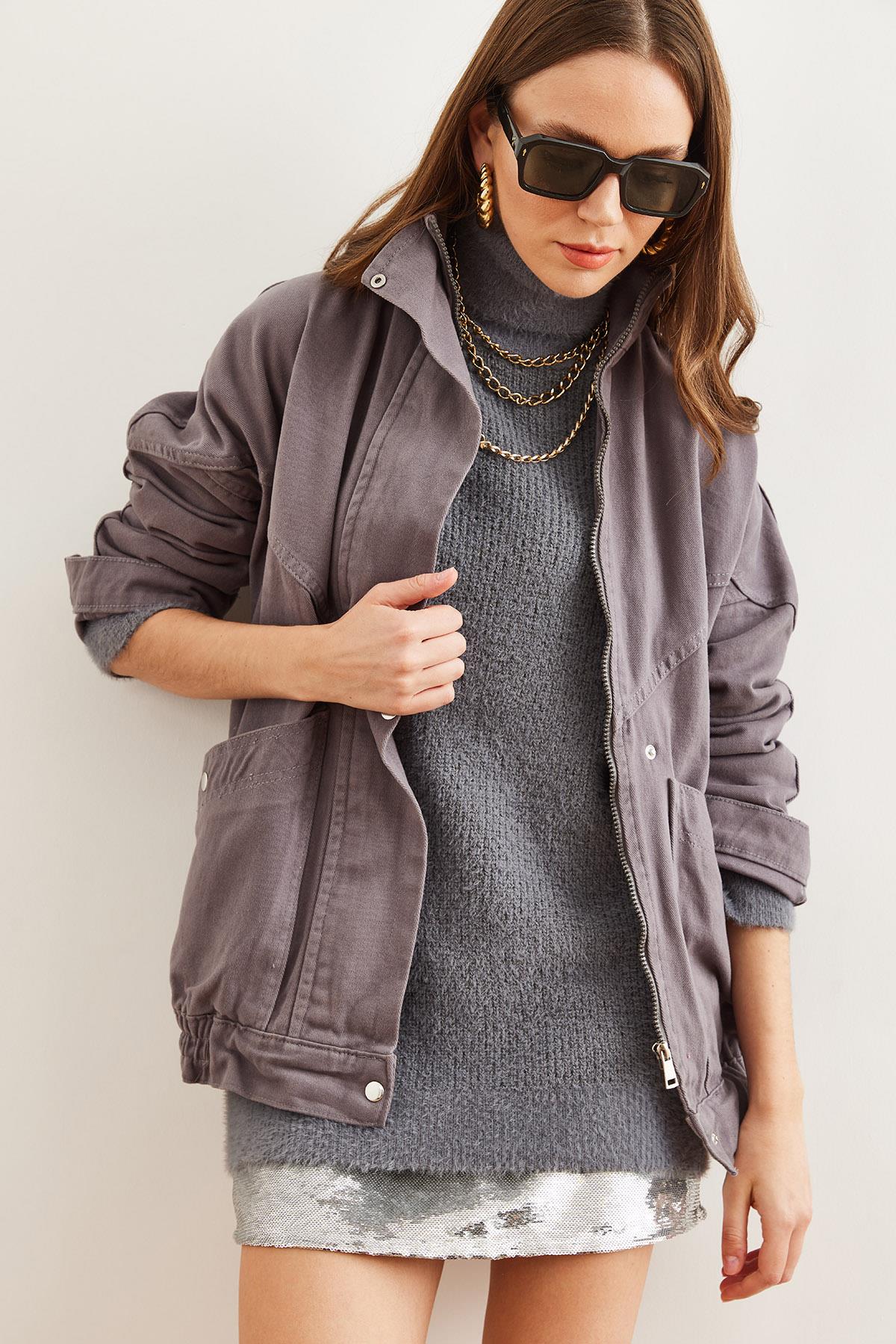 Cepli Fermuarlı Çıtçıtlı Uzun Denim Ceket Gri