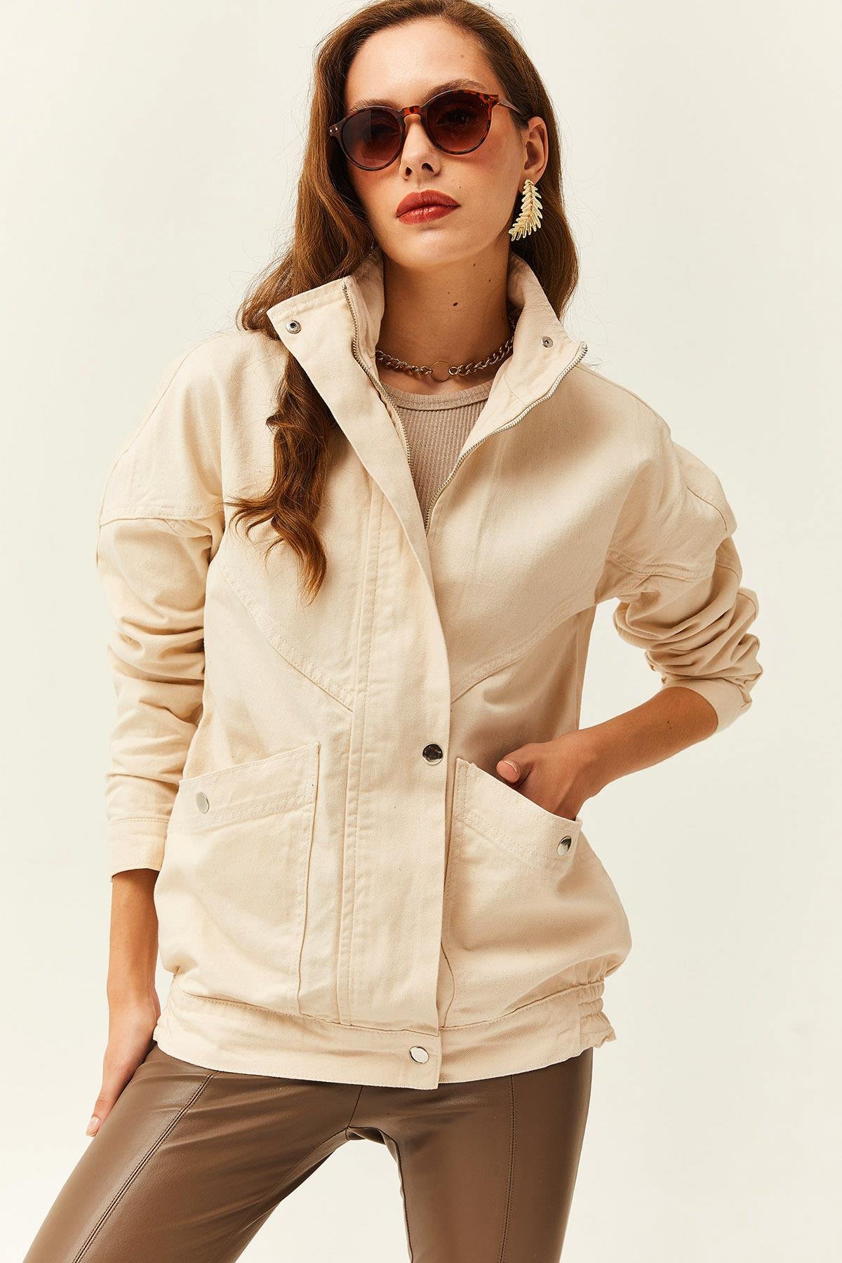 Cepli Fermuarlı Çıtçıtlı Uzun Denim Ceket Taş