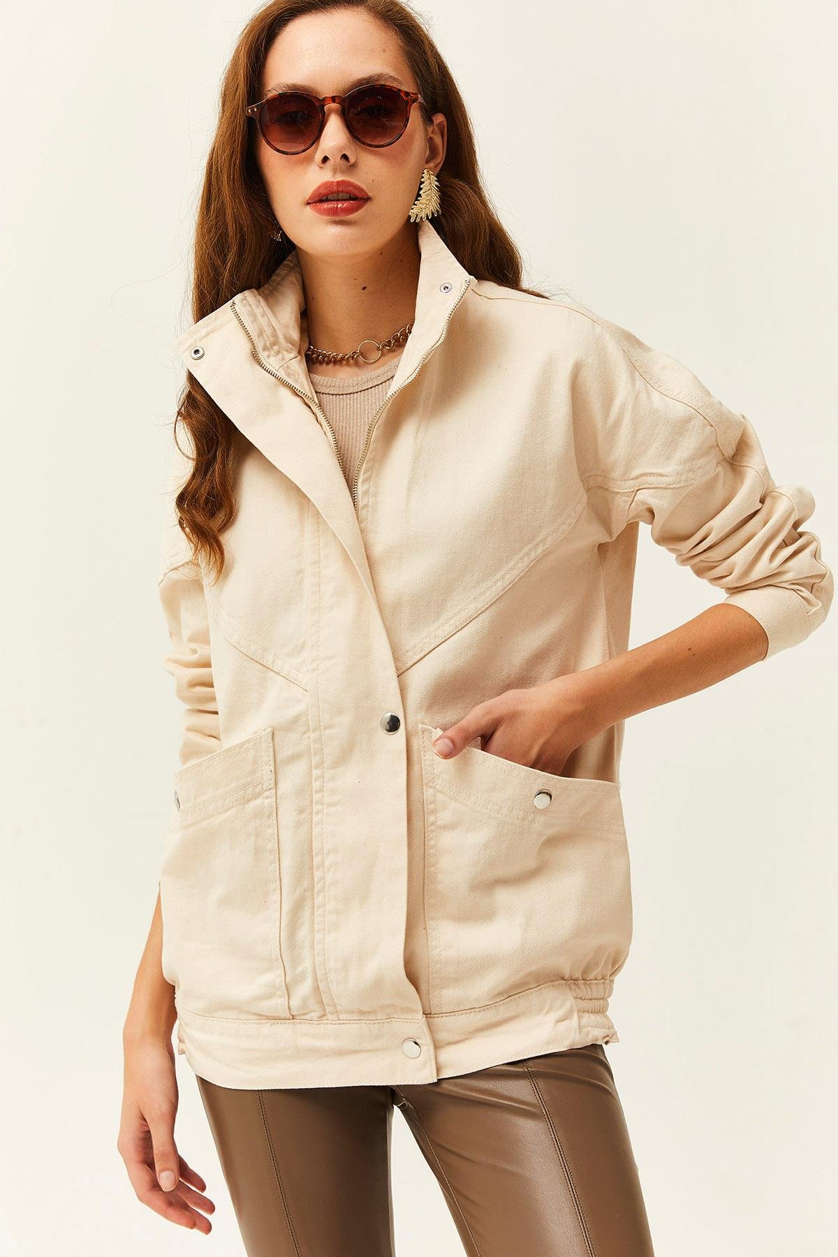 Cepli Fermuarlı Çıtçıtlı Uzun Denim Ceket Taş