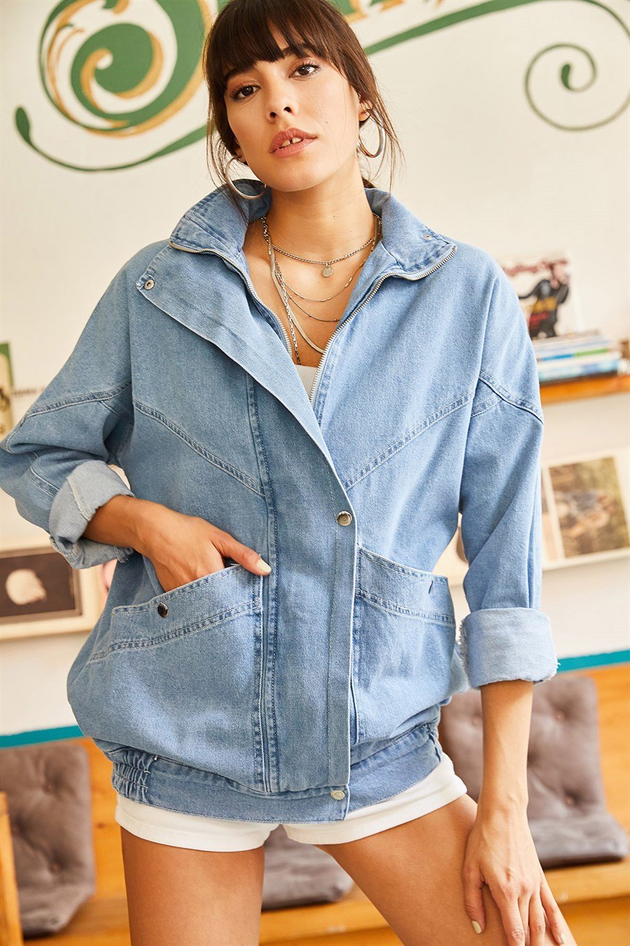 Cepli Fermuarlı Çıtçıtlı Uzun Denim Ceket Mavi